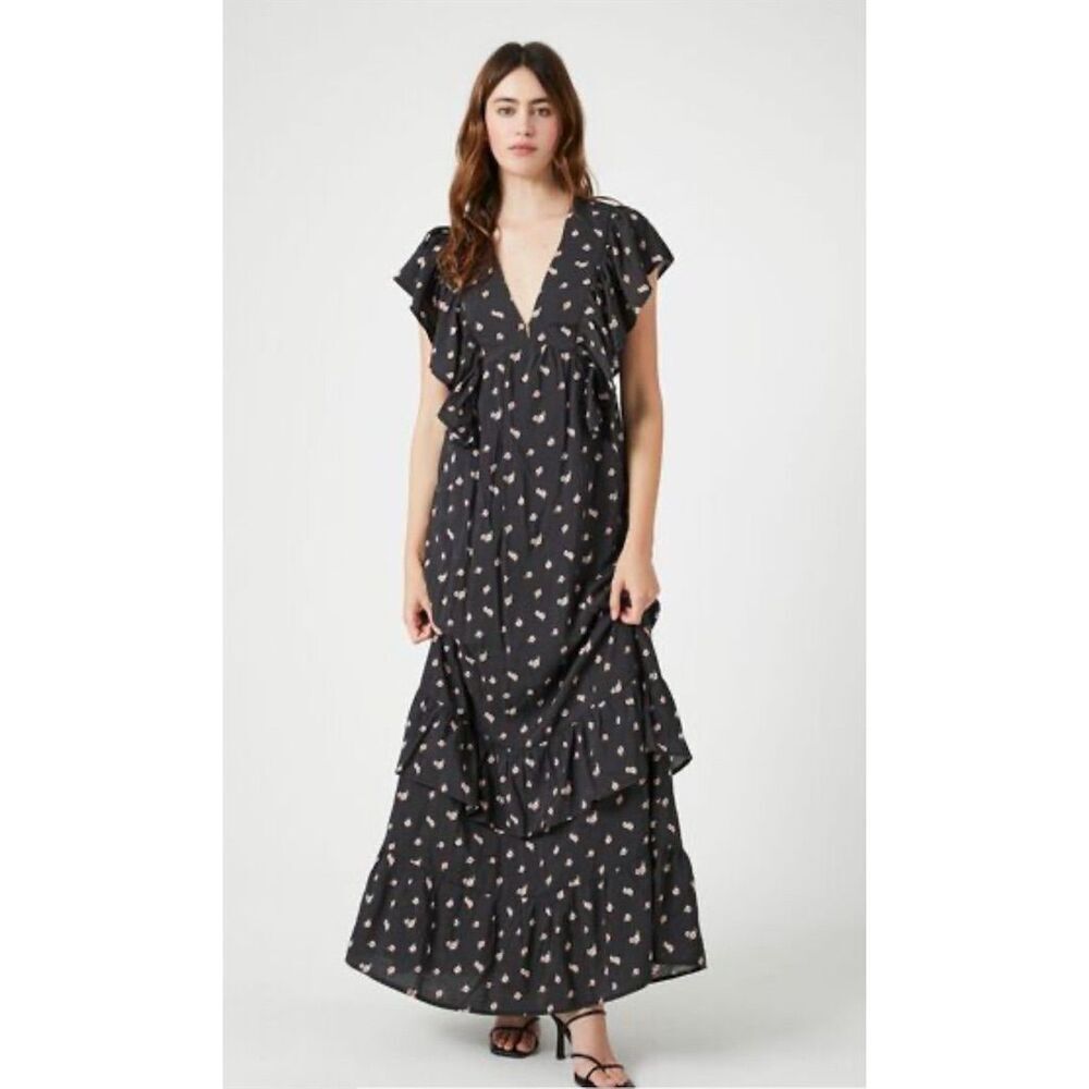 Forever 21 Women's Floral Butterfly‎ Sleeve Maxi Dress Size M Multicolor - Picture 2 of 5